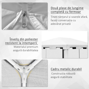 Foisor de gradina 4x3m, metal/PE, 395x295 cm, inaltime 200/255 cm, plasa tantari, 2 intrari, 4 franghii + 8 tarusi inclusi, alb/negru - Verificat A · Re-Bloom - Img 6