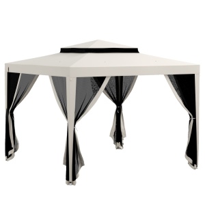 Foisor de gradina cu plasa tantari Re-Bloom, metal/poliester, 297x297x268 cm, acoperis dublu, stresina 200 cm, 4 sfori + 8 tarusi inclusi, bej/gri/negru - Verificat A · Re-Bloom