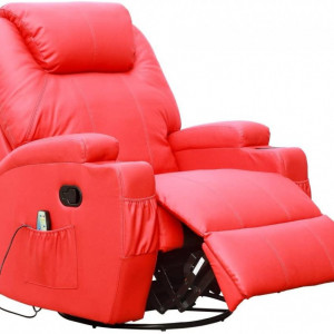 Fotoliu recliner Cinemo, cu masaj, incalzire, rotativ si cu suport pentru bauturi, piele naturala, rosu - Img 3