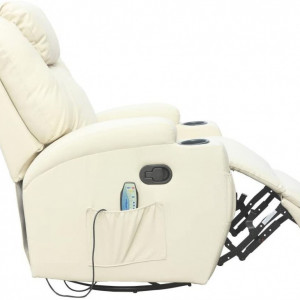 Fotoliu recliner Cinemo, cu masaj, incalzire, rotativ si cu suport pentru bauturi, piele naturala, crem - Img 5
