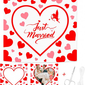 Fundal pentru nunta cu foarfece  HOWAF, poliester, inima, alb/rosu, 2 x 1,8 m