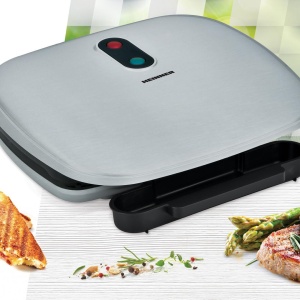 Grill electric Heinner HEG-F1000SL, Putere 1000W; Placi fixe turnate 27 X 23 cm, Invelis antiaderent, Maner rece, Indicator luminos, Tava pentru colectare ulei, Argintiu - Img 2