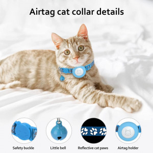 Guler reglabil reflectorizant de noapte cu suport de AirTag pentru pisici SDZHDMO, nailon/silicon, albastru, 22-35 cm - Img 4