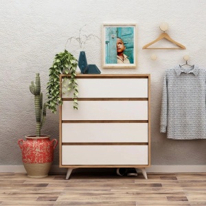 Hanah Home comoda 70x40x86 cm, PAL 18mm melaminat, 4 sertare, rafturi multiple, picioare 12cm, fixabil perete, stejar si alb - Verificat A · Re-Bloom - Img 2