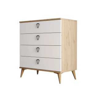Hanah Home comoda, PAL melaminat 18mm, 80x45x90.8 cm, 4 sertare, multiple rafturi, picioare plastic, fixare perete, stejar/alb - Verificat A · Re-Bloom