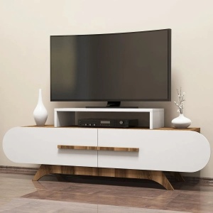 Hanah Home comoda TV 145x36.8x49.8 cm, PAL 18mm melaminat, rafturi 70x30x11 cm, nuc si alb - Verificat A · Re-Bloom - Img 3