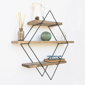 Hanah Home etajera de perete decorativa 60x60x14 cm, lemn de molid 100% lucrat manual, cadru de metal, nuc si negru - Verificat A · Re-Bloom - Img 5