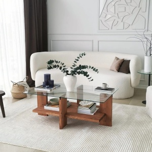 Hanah Home masuta de cafea, sticla securizata/lemn masiv, 105x60x40 cm, natur - Verificat A · Re-Bloom - Img 2