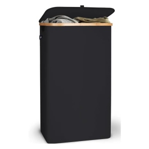 Hennez cos rufe premium 100 L, capac, bambus, punga interioara plasa detasabila, rezistent la mucegai, negru - Verificat A · Re-Bloom - Img 1