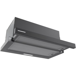 Hota telescopica Heinner HTCH-MD600GBK, Latime 60cm, Putere de absorbtie 630m3/h, 2 trepte de viteza, Lumina LED, 2 filtre aluminiu, Negru/Sticla