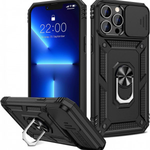 Husa de protectie cu inel compatibil cu iPhone 13 Pro Max HWeggo, policarbonat/poliuretan, negru, 6,7 inchi