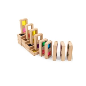 Joc educativ pentru copii si copii nevoi speciale tip Domino, Andreu Toys, piese din lemn cu efect translucid si transparent colorat, 7 culori, 28 piese, care stralucesc la lumina