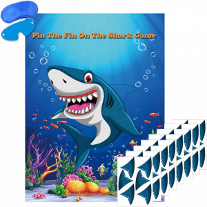Joc pentru copii cu poster cu rechin si autocolante Fowecelt, hartie, albastru, 73 x 48 cm - Img 1