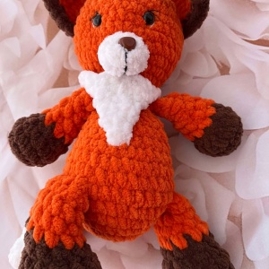 Jucarie de plus Vulpita Roscata, lucrata manual, handmade, textil, portocaliu/maro/alb, 27 cm