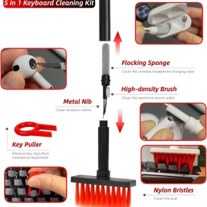 Kit 5 in 1 pentru curatare tastatura/casti Bloook, plastic/burete/nailon, rosu/gri/negru