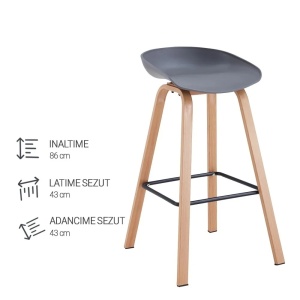 Kiwari Nok set 2 scaune, sezut PP/picioare metal aspect fag, 43x36x86cm, 5.4kg, capacitate 120kg, ergonomic, gri - Verificat A · Re-Bloom - Img 5