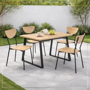 Kiwari Oka set masa + 4 scaune, MDF/metal, masa 110x70x75cm 16kg + scaune 44x45x82cm 3kg, capacitate masa 30kg/scaun 100kg, stejar natural/negru - Verificat A · Re-Bloom - Img 2