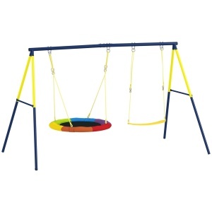 Leagan pentru copii 2 in 1 Re-Bloom, metal/Oxford/PE, 265x160x178 cm, leagan cuib diametru 100 cm + leagan clasic 67x14 cm, 150 kg, varsta 3-8 ani, multicolor - Verificat A · Re-Bloom