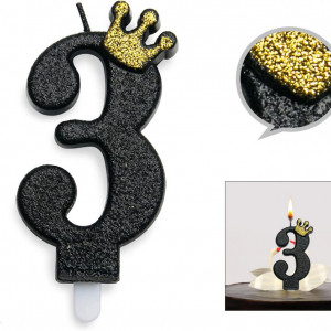 Lumanare pentru tort PARTY GO, cifra 3, ceara, negru/auriu, 9 cm - Img 4