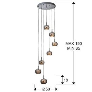 Lustra tip pendul Neillsville, 7 lumini, metal/sticla, gri/argintiu, 50 x 85-190 cm