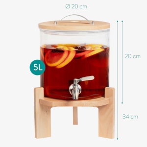 Navaris dozator bauturi sticla borosilicata cu stand lemn fag, 5L, Ø20x20cm, inaltime totala 34cm, 2.5kg, robinet inox/silicon, capac lemn/inox, compatibil masina spalat vase, maro - Verificat A · Re-Bloom - Img 4