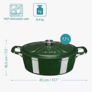 Oala antiaderenta din fonta Navaris pentru plite/cuptoare - 45cm - 7.7L - Verde, Resigilat, Grad A - Img 2