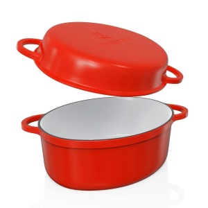 Oala cu capac Steinzeitwerk din fonta emailata, 6 l, 8kg, 2in1, pentru cuptor, plita, gaz, electric, cu inductie, ovala, 35x25x17 cm, Rosu, Resigilat, Grad A - Img 4