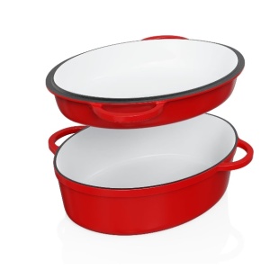 Oala cu capac Steinzeitwerk din fonta emailata, 6 l, 8kg, 2in1, pentru cuptor, plita, gaz, electric, cu inductie, ovala, 35x25x17 cm, Rosu