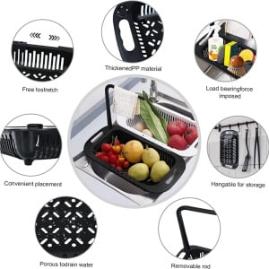 Organizator extensibil pentru chiuveta Fufre, plastic, negru, 17,8 x 27 x 34-44 cm