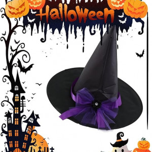 Palarie de vrajitoare pentru Halloween Jvaenousn, tesatura, negru/violet, 38 x 35 cm