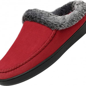 Papuci de iarna cu blana Mishansha, textil/cauciuc, rosu/gri, 40