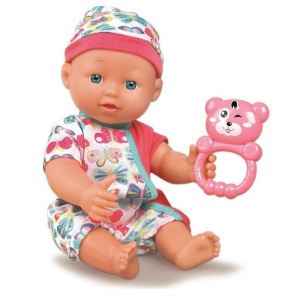 Papusa bebelusi cu salopeta si caciula multicolora, 30 cm, scutec si bavetica, accesorii mancare incluse, jucarie zornaitoare si alte accesorii ingrijire speciale