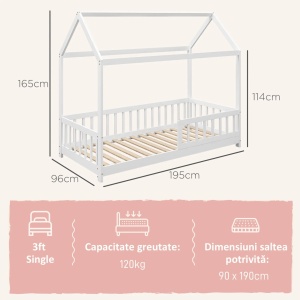 Pat Montessori casuta pentru copii Re-Bloom, lemn de pin, 96x195x165 cm, 15 sipci, bariere protectie 44 cm, saltea 90x190 cm, 120 kg, alb - Verificat A · Re-Bloom - Img 6