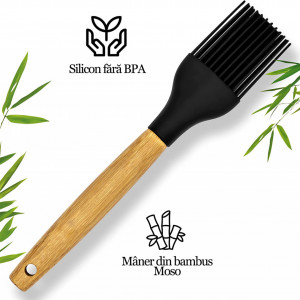 Pensula de patiserie Bambua, 100% fara BPA si rezistenta la caldura pana la 200°C, bambus/silicon, natur/negru, 20 cm - Img 2