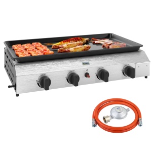 Plita de gratar pe gaz cu 4 arzatoare, otel inoxidabil/metal, 77x44.5x19 cm, suprafata gatit 73x34cm, 4x2.4kW/8000BTU, placa 3mm, propan, tava grasime, regulator + duza incluse, argintiu/negru - Verificat A · Re-Bloom