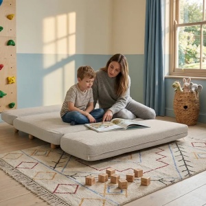 Produs Resigilat Canapea extensibila 2 locuri Re-Bloom Esbjerg, textil/stejar/fier, 133x78x61 cm, mecanism clic-clic, spuma 26cm, 120 kg/persoana, bej - Verificat A - Img 3