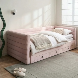 Produs Resigilat Canapea extensibila cu depozitare Re-Bloom Meudon, catifea/placaj/MDF, 235x105-180x75 cm, somiera 16 lamele, suprafata dormit 90-180x200 cm, 150 kg, roz pastel - Verificat A - Img 2