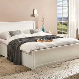 Produs Resigilat Pat matrimonial Re-Bloom Lambres, 160x200 cm, lemn de pin/textil/MDF, somiera 26 lamele, tablie 170x93 cm, 200 kg, alb - Verificat A - Img 2