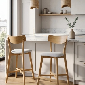 Produs Resigilat Set 2 scaune de bar Re-Bloom Hope, lemn cauciuc/textil, 49x54x93 cm, 110 kg, natur/gri - Verificat A - Img 3