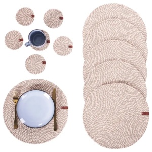 Produs Resigilat Set 6 naproane si 6 suporturi pahare Re-Bloom Pipturus, iuta/bumbac, 35x35 si 10x10 cm, bej - Verificat A - Img 2