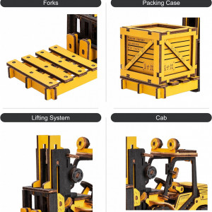 Puzzle 3D pentru copii ROKR, model stivuitor, lemn, galben/negru, 15 x 4,5 x 8 cm