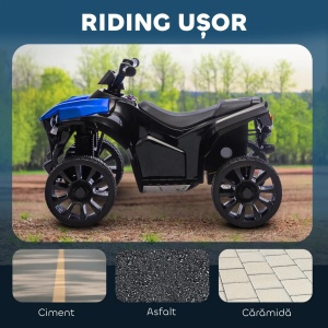 Quad electric pentru copii ATV, metal/PP, 70x42x45 cm, baterie 6V 4.5Ah, viteza 1.5-3km/h, faruri LED, muzica, incarcare 8-12h/autonomie 40min, capacitate 25kg, varsta 18-56 luni, albastru/negru - Verificat A · Re-Bloom - Img 5