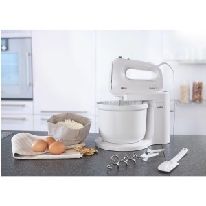RESIGILAT Mixer cu bol Braun HM1070WH, 400 W, 4 viteze + Turbo, Bol 3 L, 2 palete, 2 carlige pentru aluat, spatula, Alb - Img 3