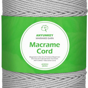 Rola de macrame pentru mestesuguri ANYUNKEY, bumbac, gri, 400m x 3 mm - Img 1