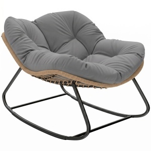 Scaun balansoar de terasa, metal/ratan sintetic/poliester, 97x107x79 cm, sezut 60x60cm/inaltime 40cm, perna 136x128x10cm inclusa, capacitate 120kg, lemn natural/gri - Verificat A · Re-Bloom