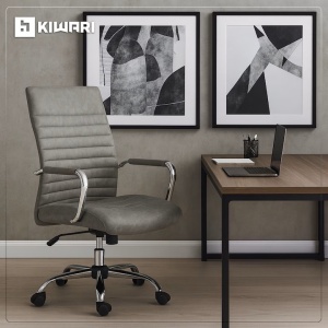 Scaun birou Kiwari® Rani, spatar inalt, cadru cromat, brate fixe cu perne PU, mecanism tip fluture, baza cromata, rotile din nylon, Gri, Resigilat, Grad A - Img 2