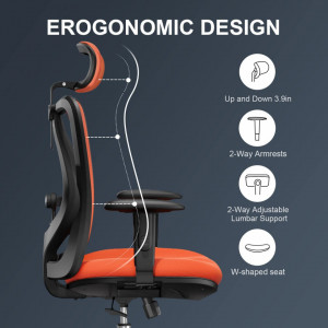 Scaun de birou ergonomic Sihoo, spate inalt, tetiera reglabila cu cotiere 2D, suport lombar, roți poliuretanice, portocaliu, 65 x 60 x 130 cm - Img 2