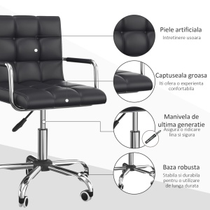 Scaun de birou rotativ Re-Bloom, PU/fier zincat, 52.5x54x84-100 cm, sezut 46-58 cm reglabil, burete 6.5 cm, 150 kg, negru/argintiu - Verificat A · Re-Bloom - Img 4