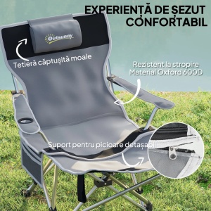 Scaun de camping pliabil si rabatabil Re-Bloom, metal/Oxford 600D, 82x50-100x88 cm, suport picioare detasabil, tetiera, 120 kg, gri - Verificat A · Re-Bloom - Img 6