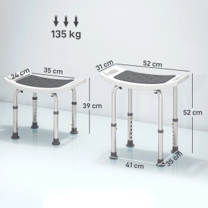 Scaun de dus pentru varstnici/persoane cu dizabilitati, aliaj de aluminiu/PE/EVA, alb/gri/argintiu, 52 x 31 x 39-52 cm, Resigilat, Grad A - Img 4